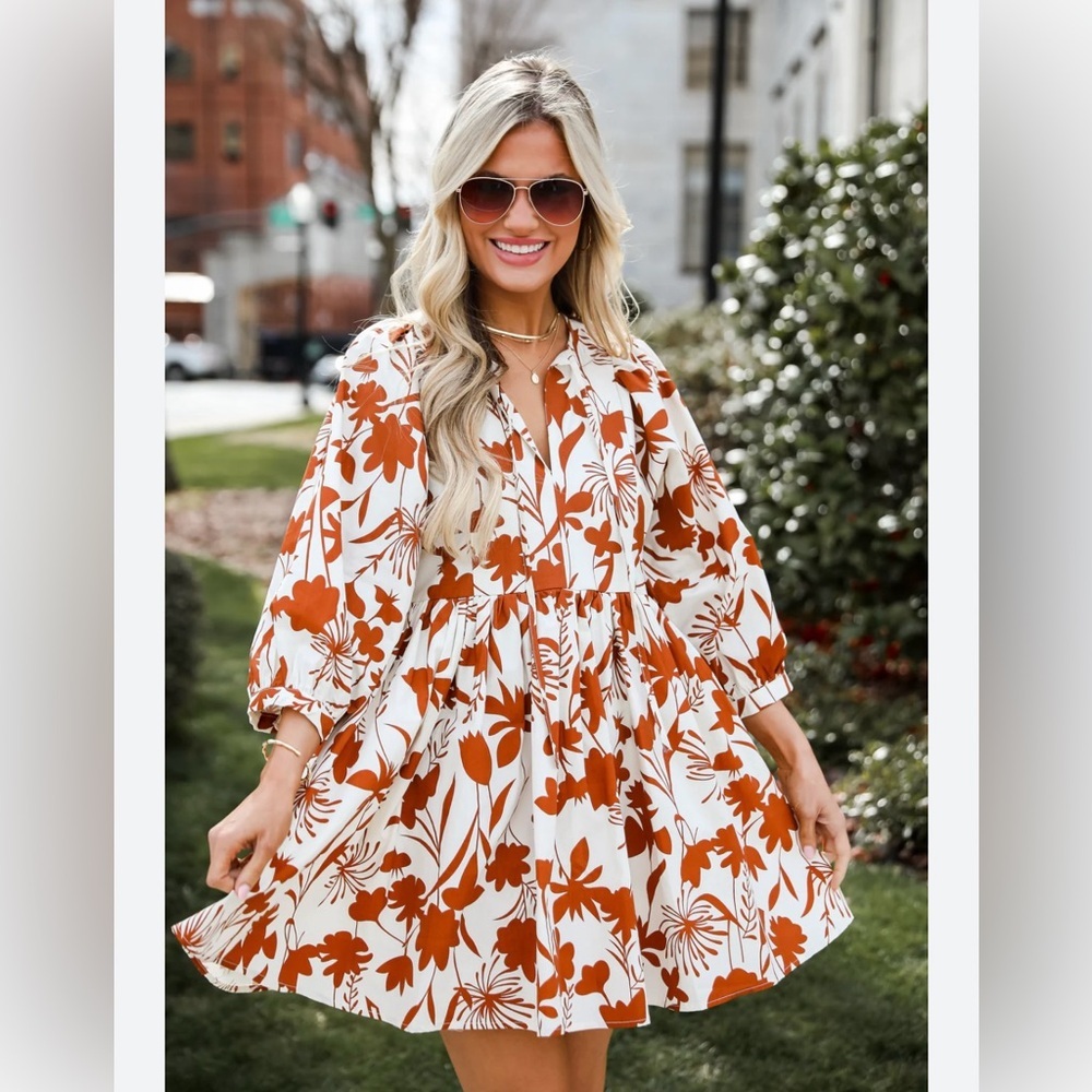 TALULAH Floral Long Sleeve Dress in Orange and White